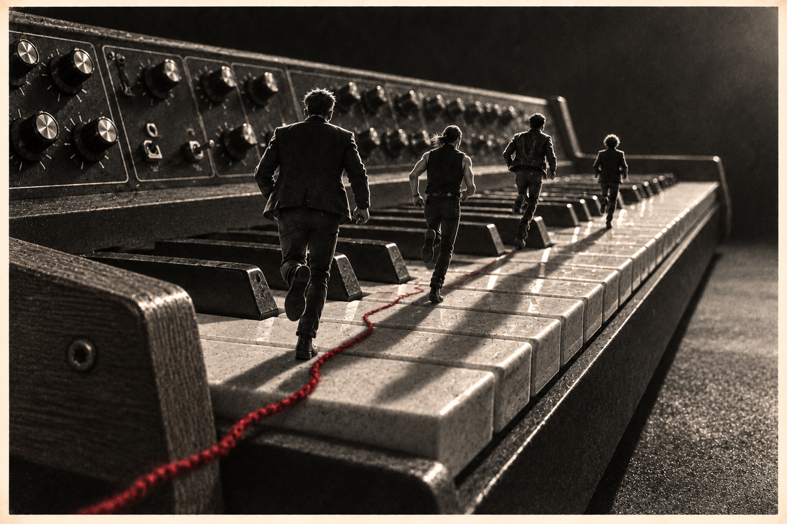 Four figures running at different intervals along the keys of an enormous synthesiser, connected by a thin red thread.