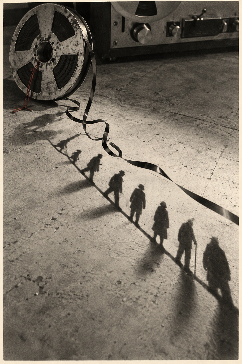 A reel-to-reel tape machine casting long human shadows across a distressed floor.