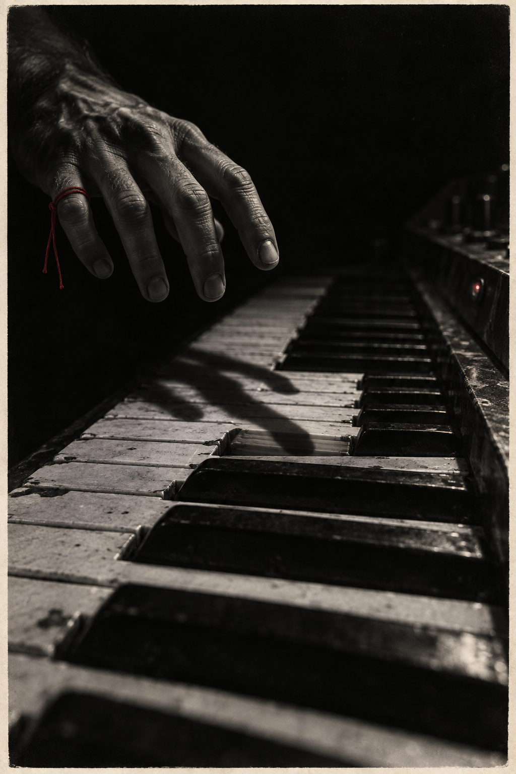 A weathered hand hovering over worn piano keys, with a fine red thread tied around one finger.