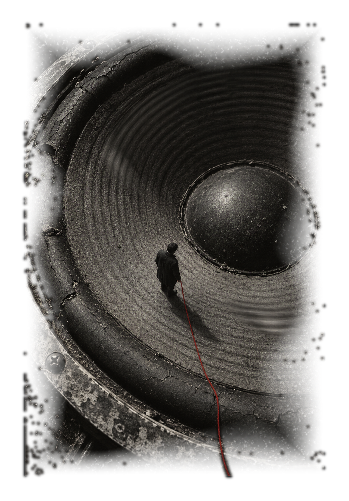 A solitary figure standing within the worn cone of a monumental loudspeaker, connected by the MODE UNKNOWN red thread