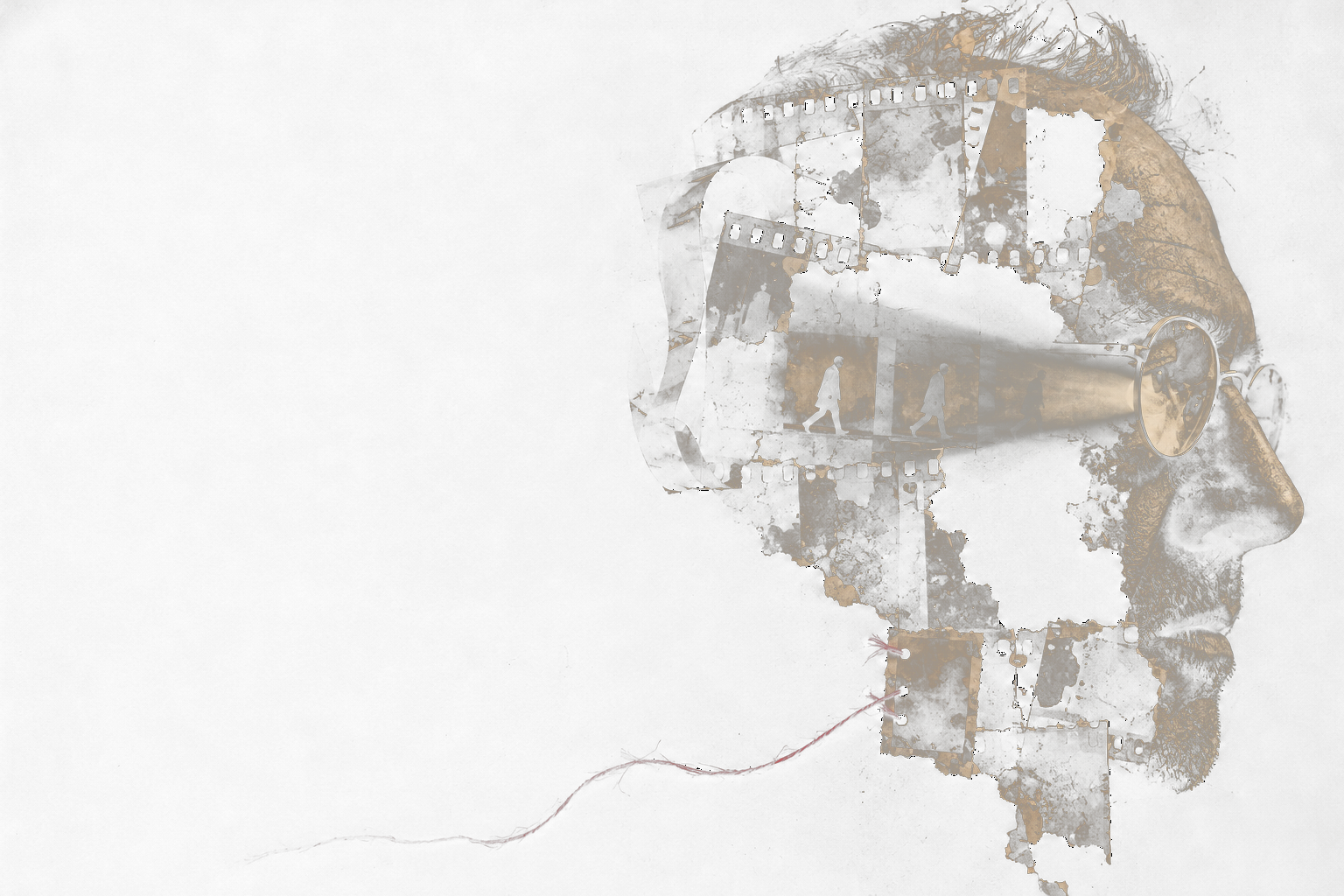 Anton Corbijn’s profile formed from torn photographic film and moving-image frames, stitched with a fine red thread.