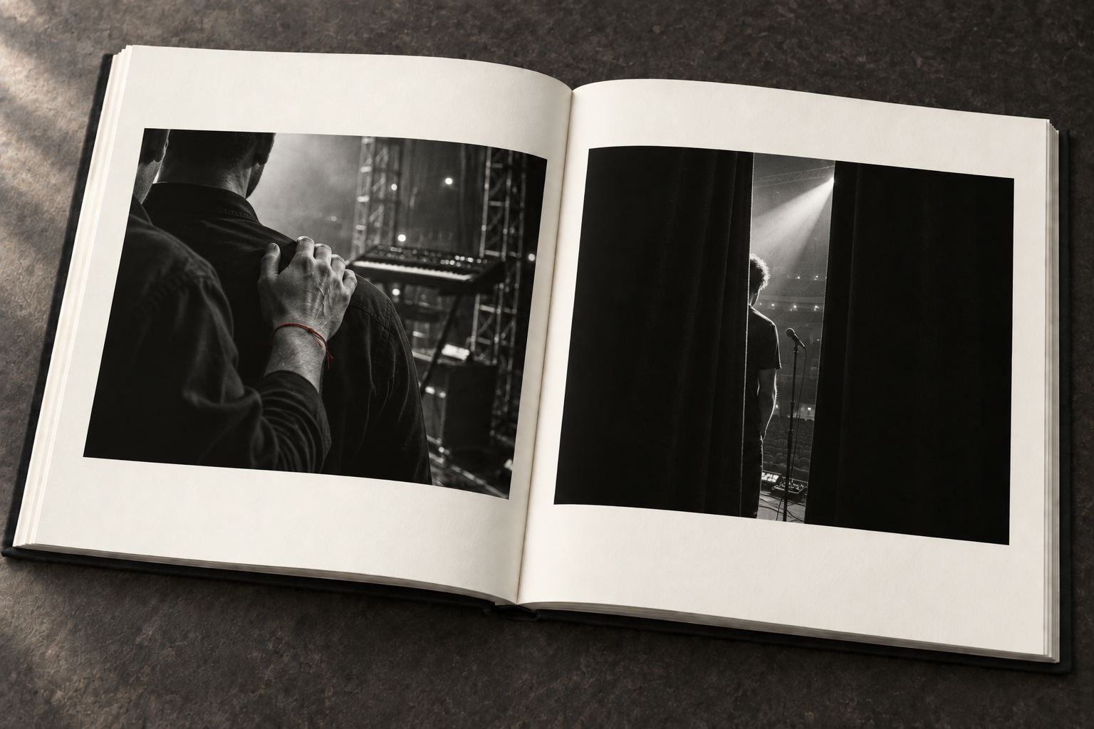 Two original backstage studies: a hand on a bandmate’s shoulder beside a keyboard rig, and a performer glimpsed between stage curtains.
