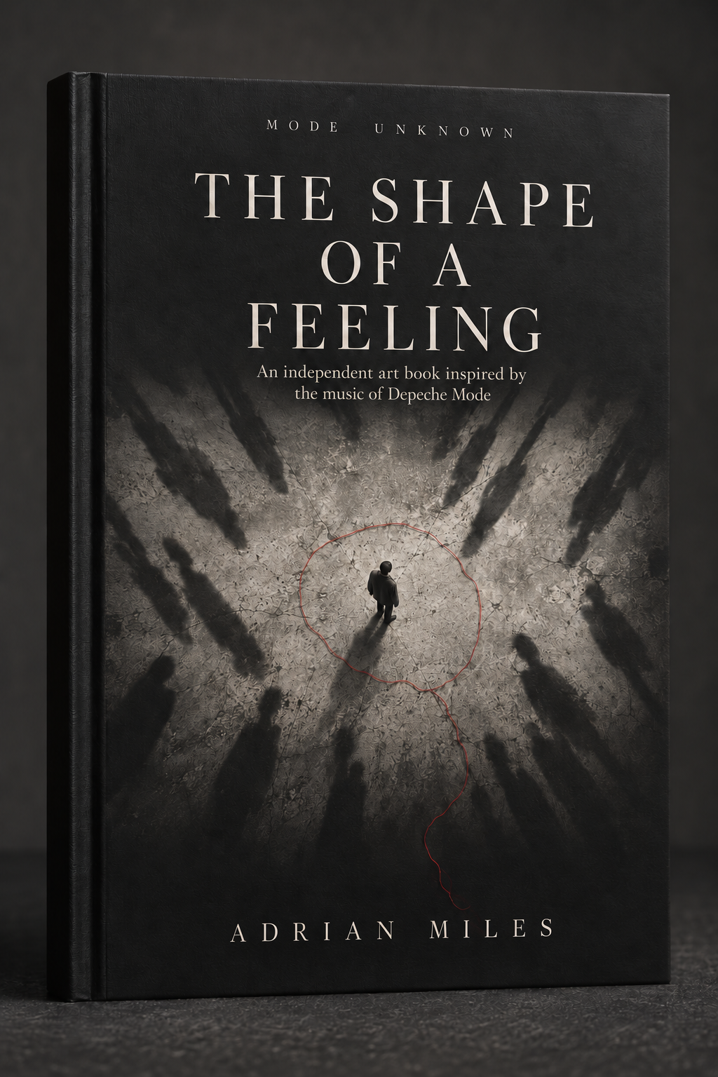 Cover concept for The Shape of a Feeling by Adrian Miles: a lone figure surrounded by shadows and a fine red thread on a black book cover.