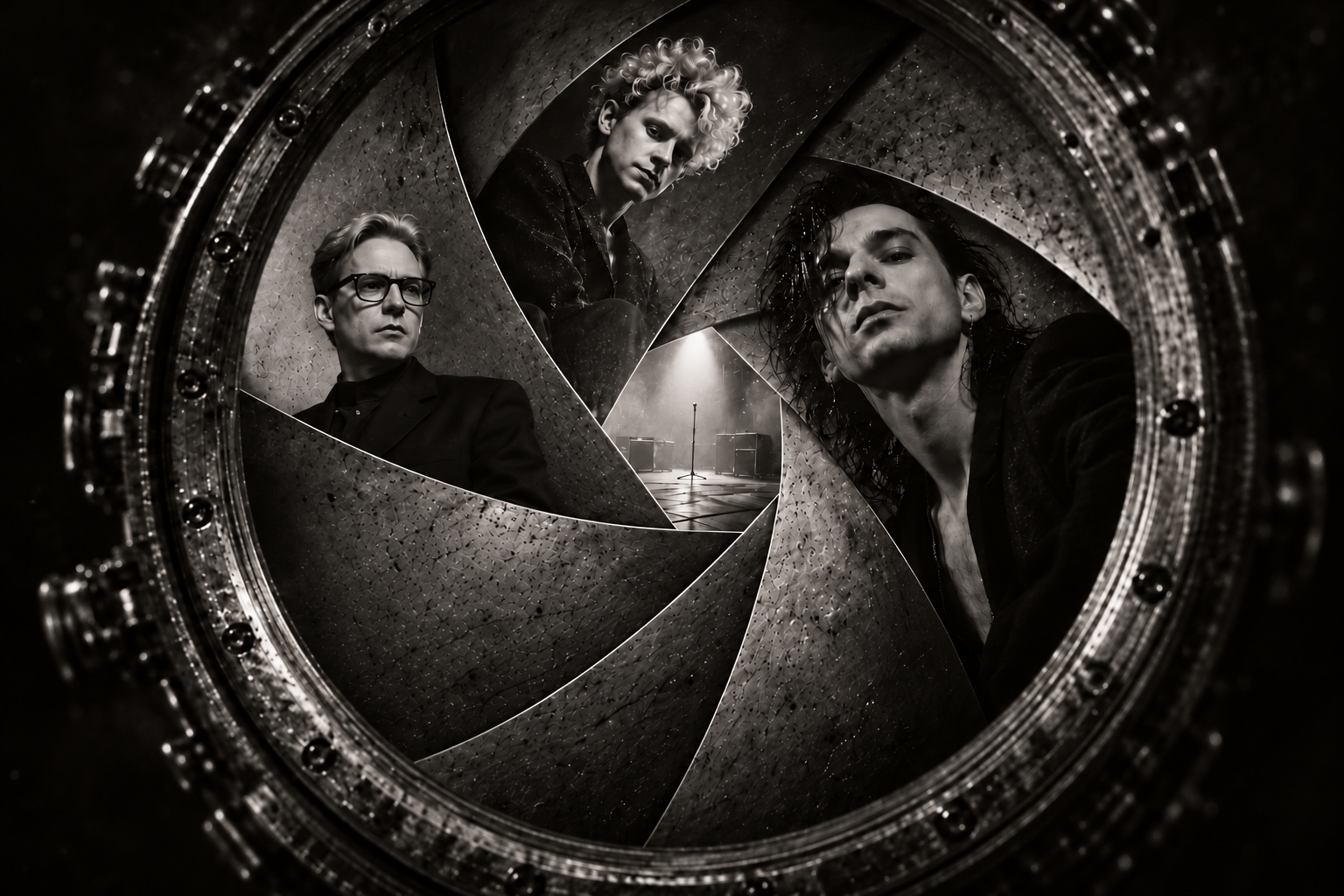 Original surreal monochrome artwork of three Depeche Mode figures inside a camera aperture, surrounding a tiny illuminated stage.