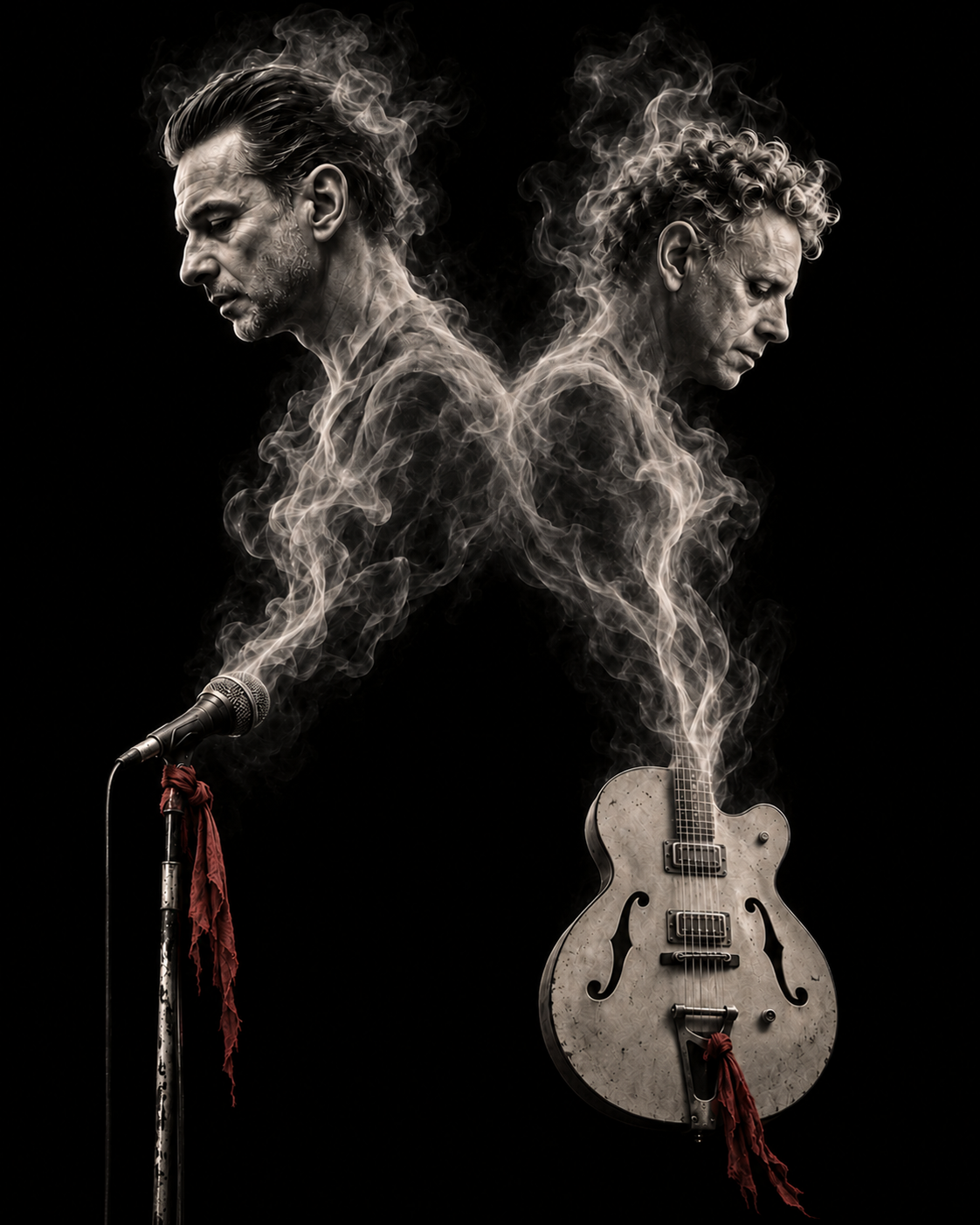 Two figures standing back to back in smoke