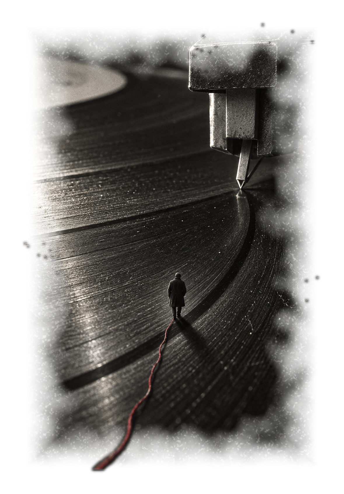 A record-player stylus above vast vinyl grooves, with a lone figure connected by a fine red thread.