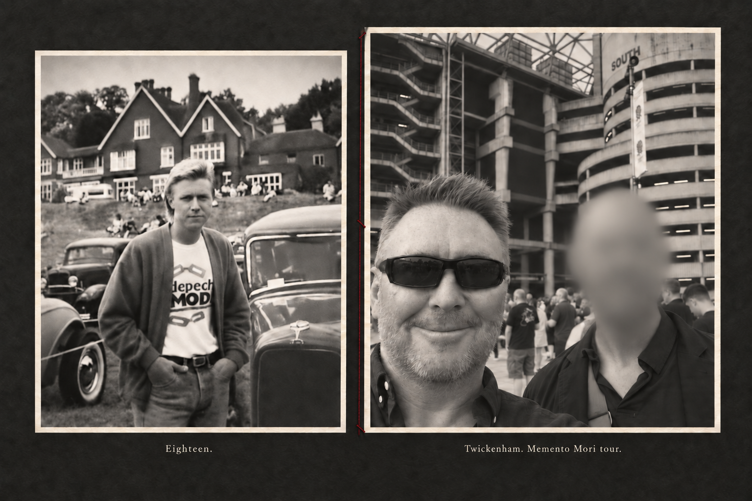 Two monochrome photographs joined by a fine red stitch: Adrian at eighteen, and Adrian wearing sunglasses with his brother outside Twickenham on the Memento Mori tour. His brother’s face is blurred.