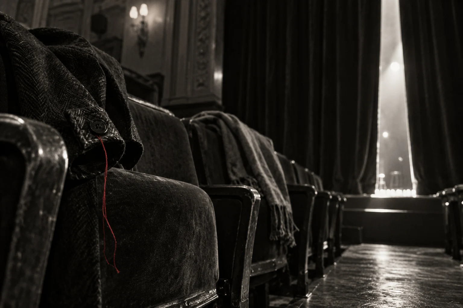 Coats on theatre seats beside a curtain opening onto stage light.