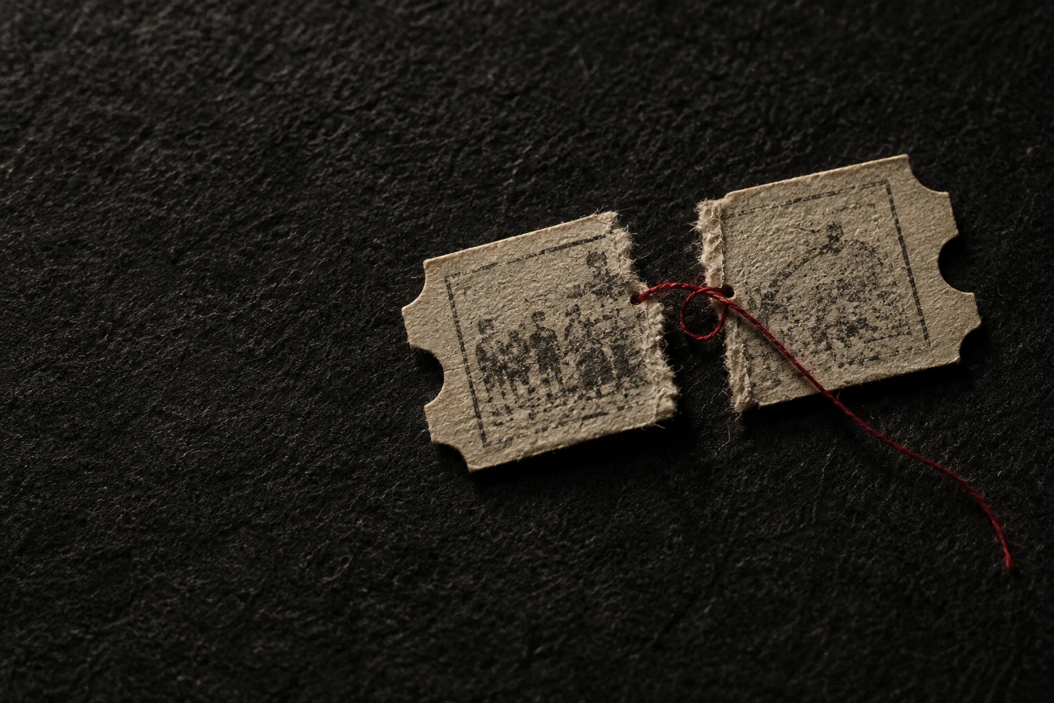 Two torn halves of an admission ticket joined by a crimson thread.