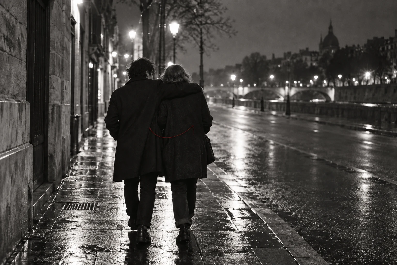 Two friends walking arm in arm along a wet street after a concert.