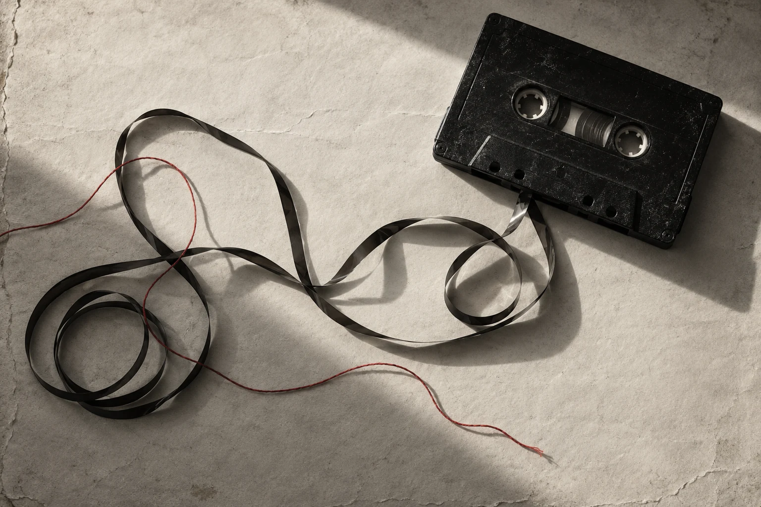 A cassette with loose magnetic tape and a red thread on ivory paper.