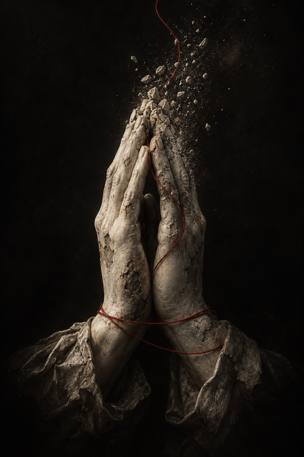 Praying hands crumble into dust while a crimson thread holds.