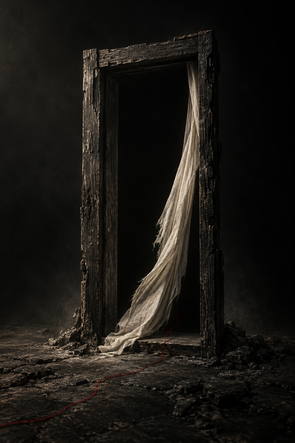 An empty doorway, withdrawing cloth and a thread across the threshold.