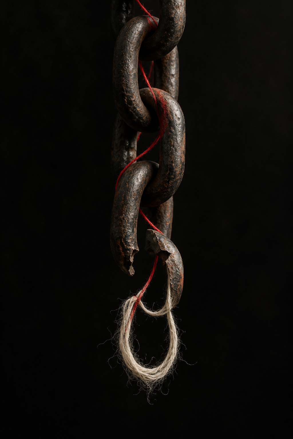A heavy iron chain meets a fragile thread under tension.