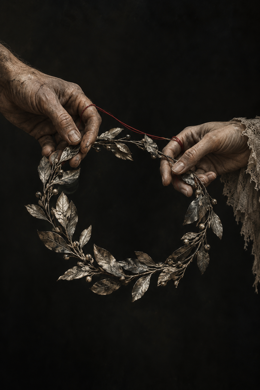Two hands share a delicate wreath, their fingertips joined by crimson.
