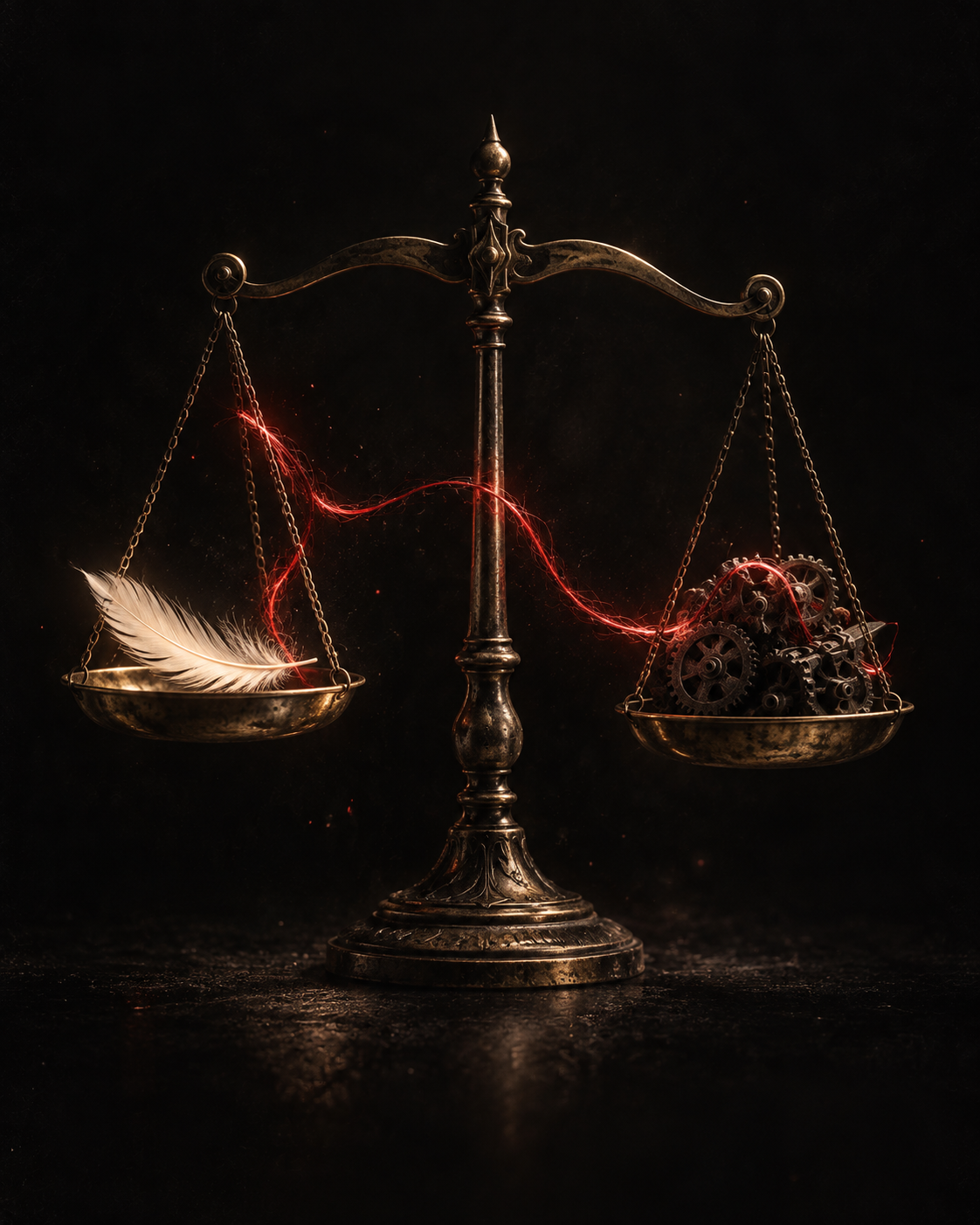 A feather and machinery, balanced against one another.