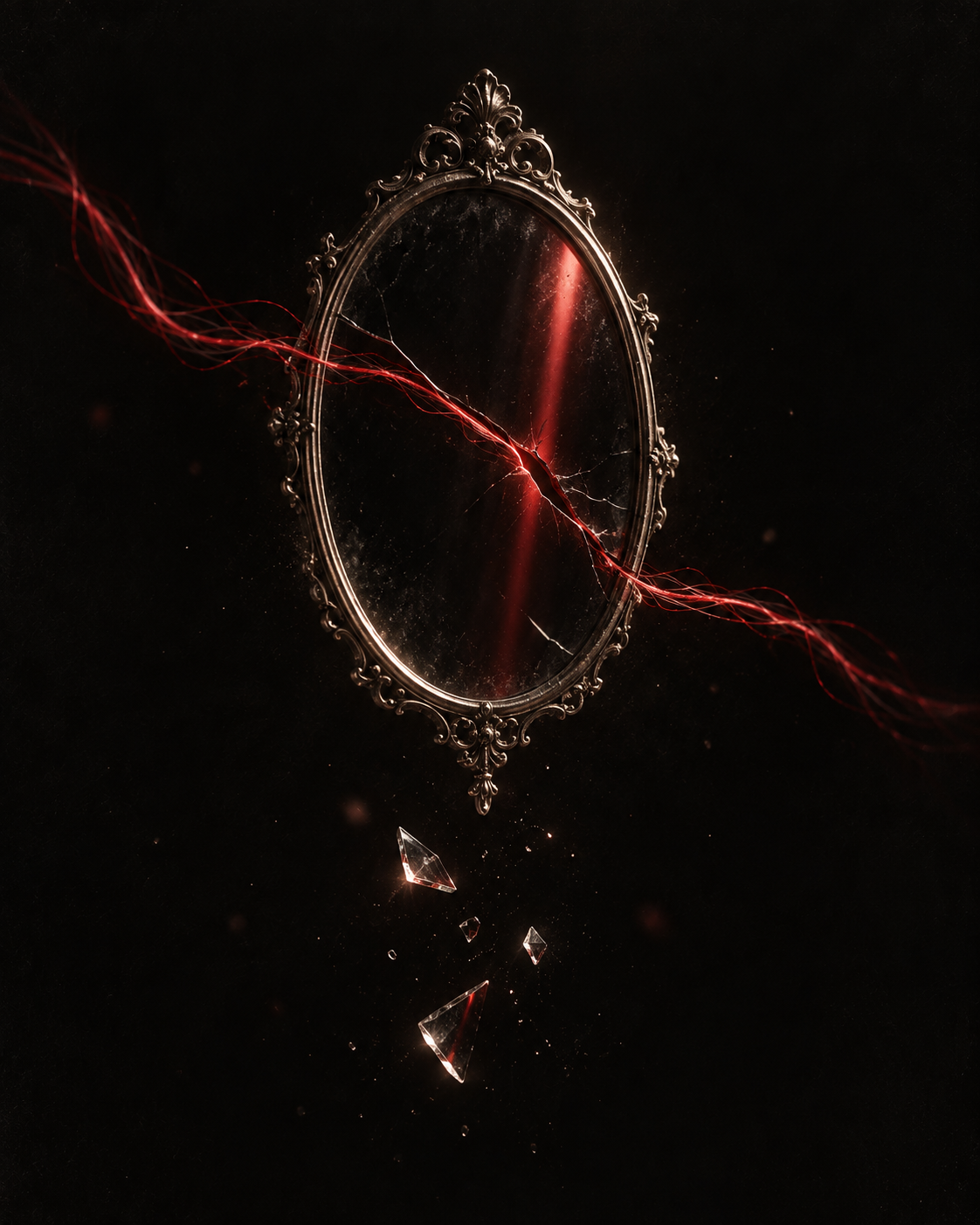 A fractured mirror and a thread passing through the break.