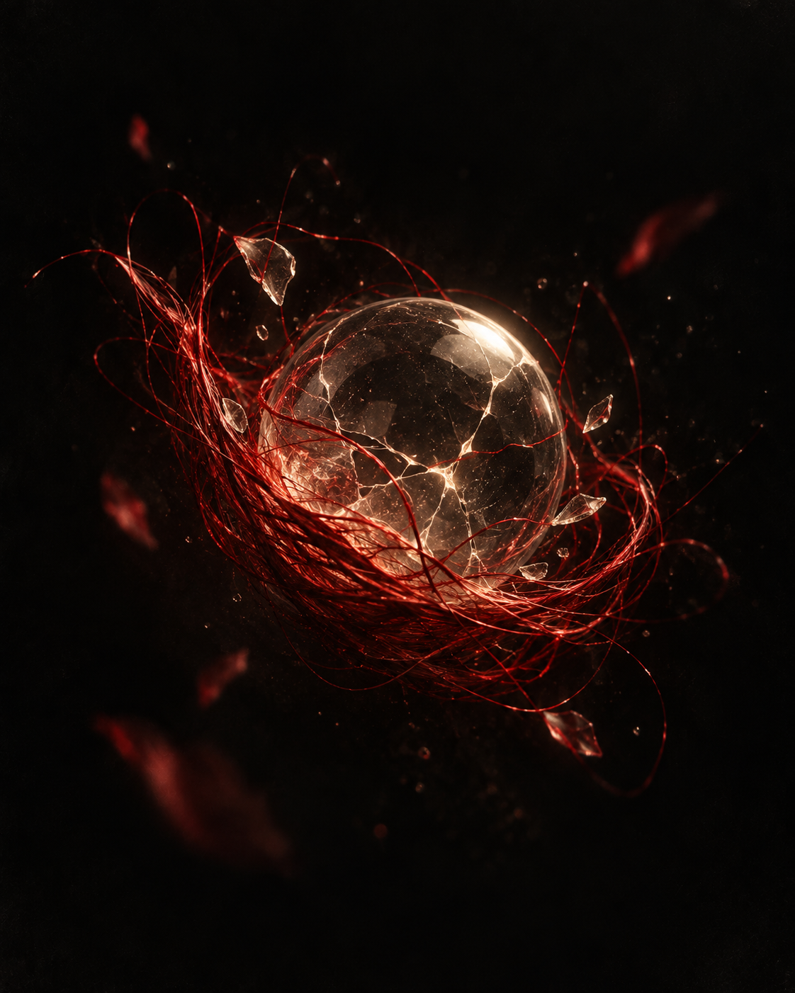 Fragile glass, held together by a protective weave of crimson.