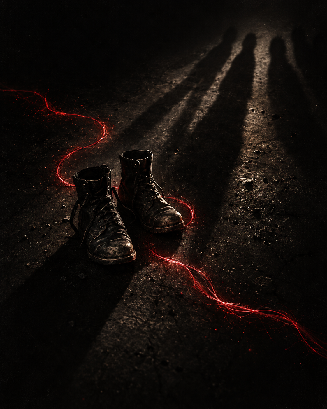 Worn boots, approaching shadows, and the weight of judgement.
