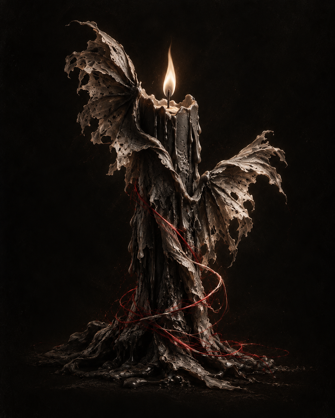 A small flame gives the darkness a shape.