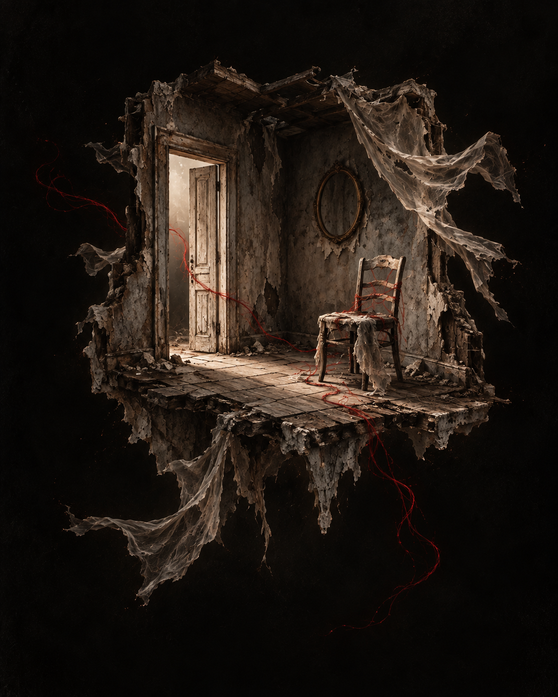 An open doorway, an empty chair, a thread leading inward.