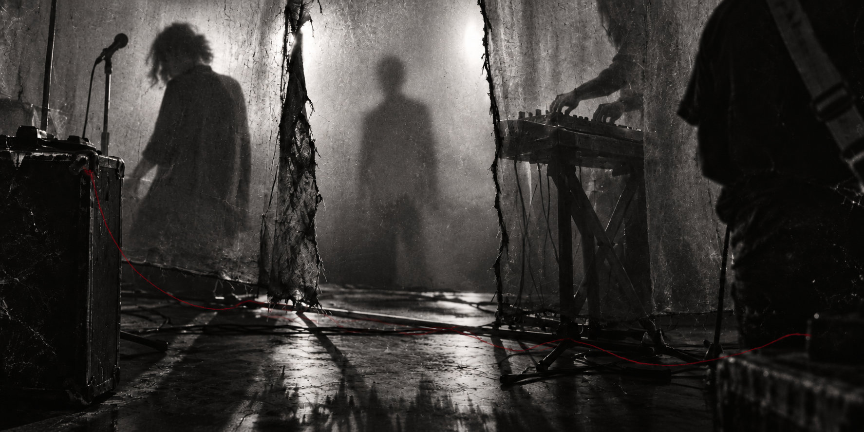 Anonymous musicians seen through torn translucent screens in a dark rehearsal room, joined by a thin red thread.