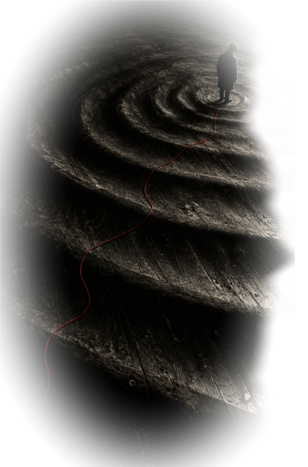 A lone figure stands within vast circular ripples across a dark wooden floor, connected by a continuous fine red thread.