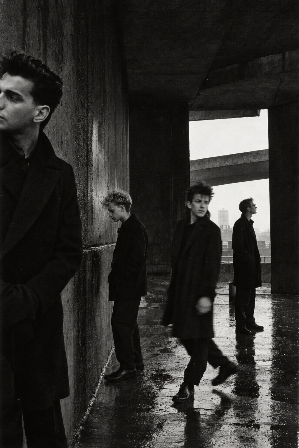 Depeche Mode in 1986 divided across rain-dark architecture