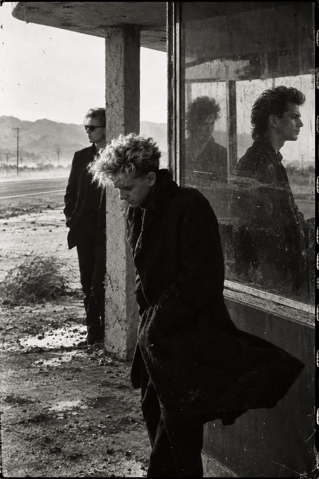 Depeche Mode in 1988 at a windblown roadside building