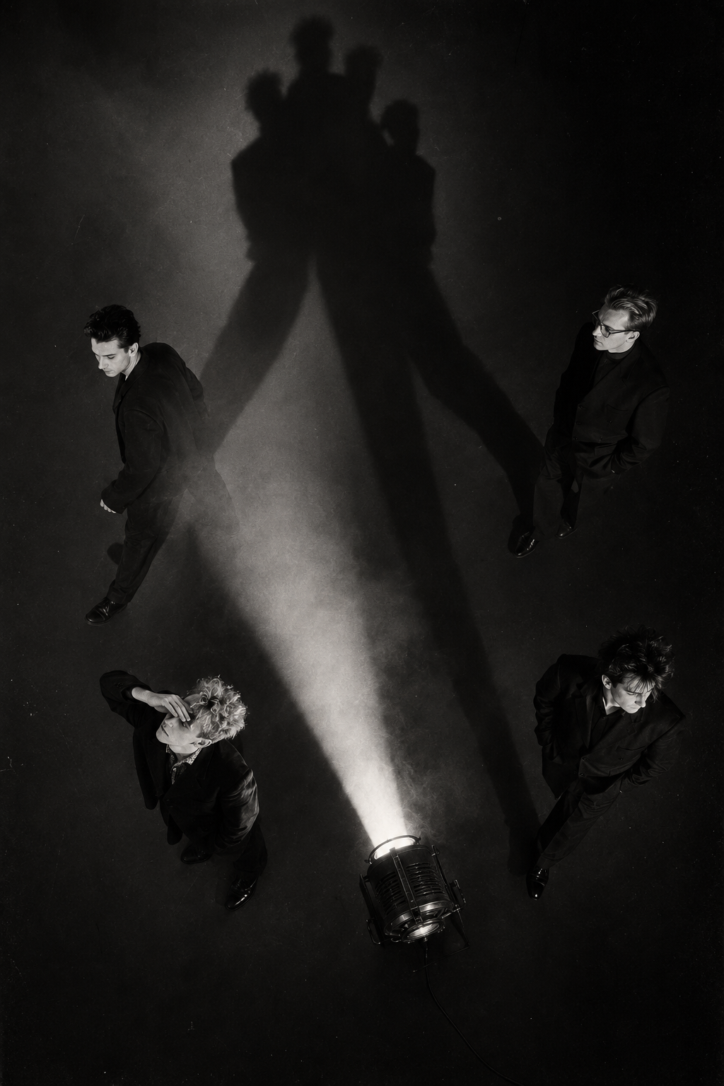 Depeche Mode in 1989 around a cinema light viewed from above