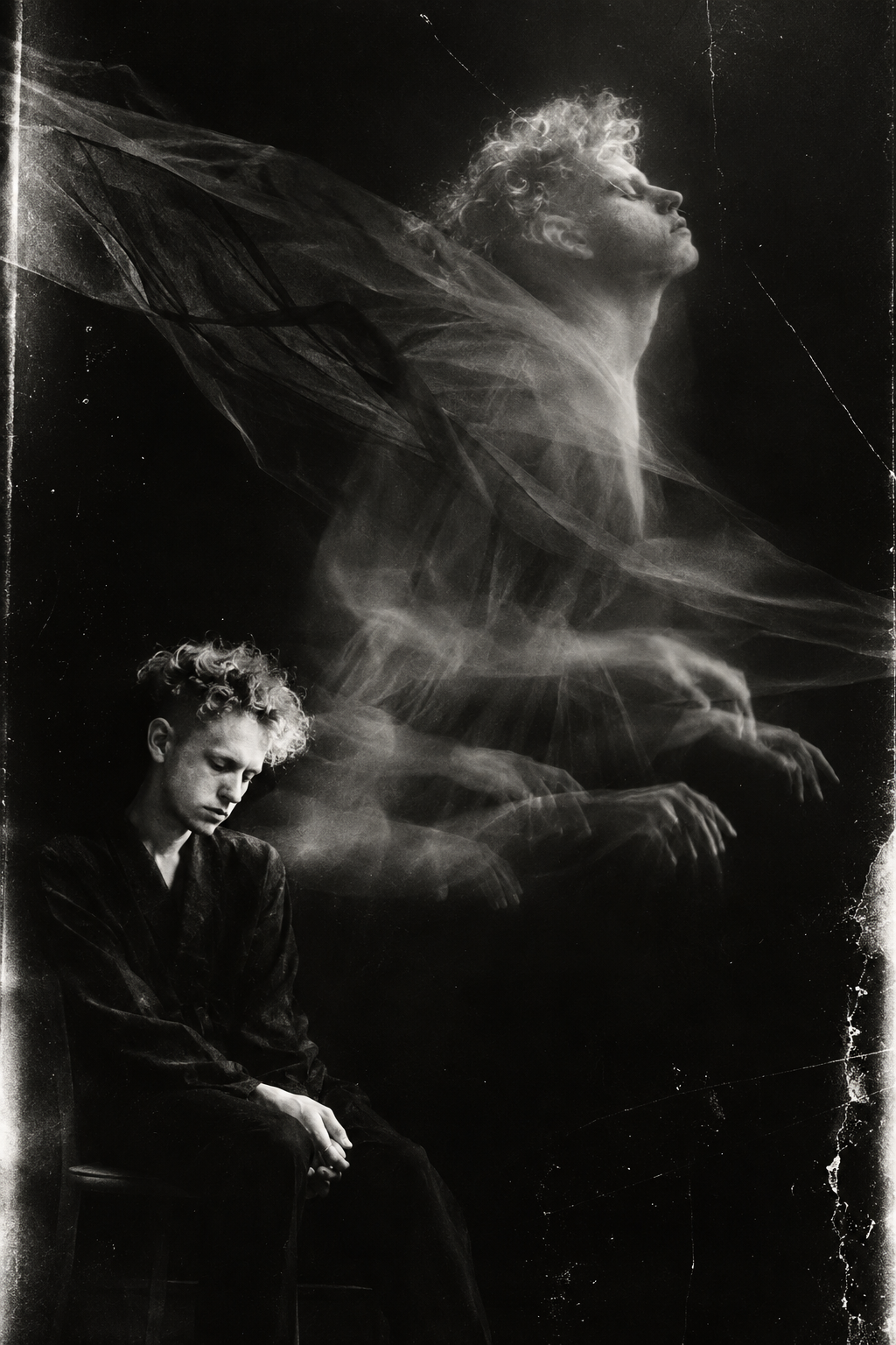 An abstract multiple-exposure portrait of Martin Gore in 1990