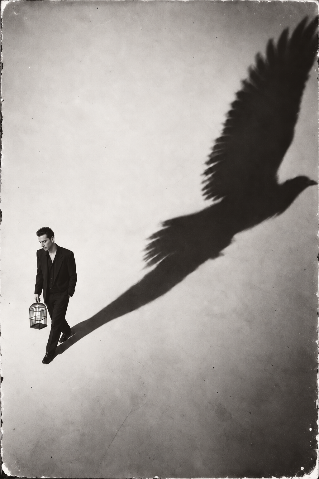 Dave Gahan walking with a birdcage while his long shadow becomes a bird