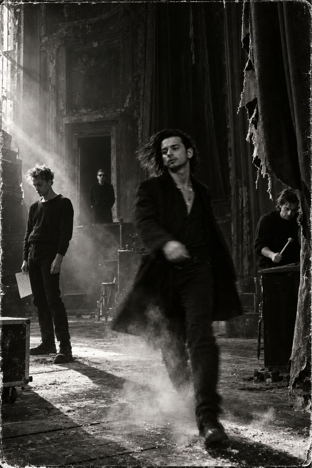 Depeche Mode in 1992 moving through dust in a ruined rehearsal room