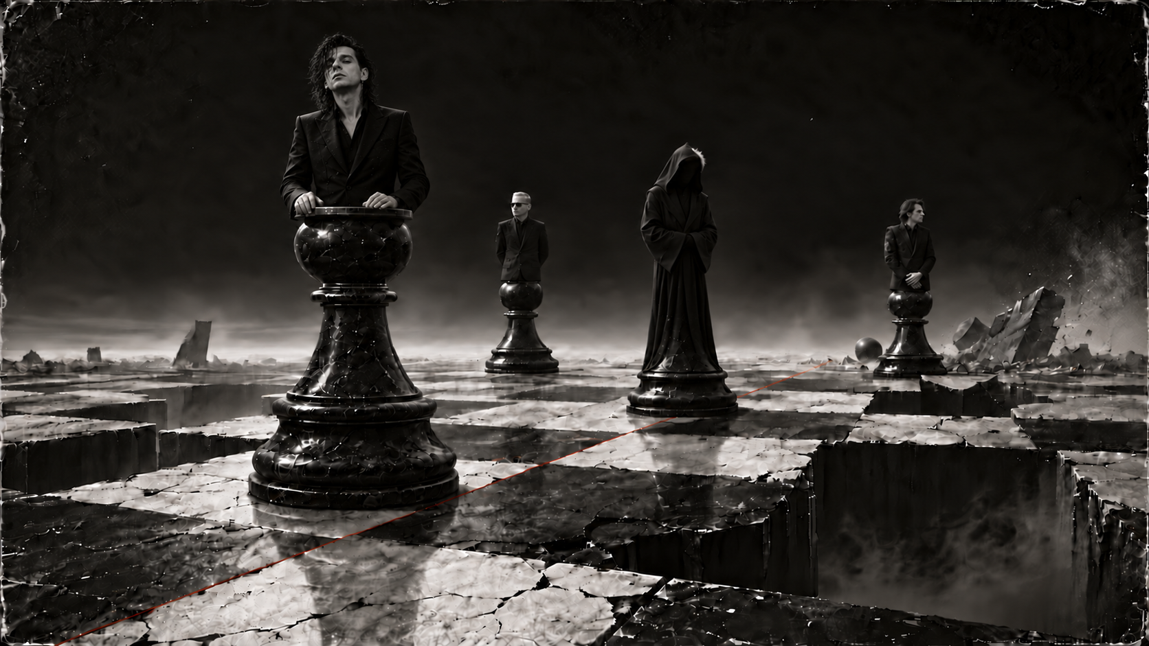 Dave Gahan and Martin Gore as living pieces on a fractured abstract chessboard
