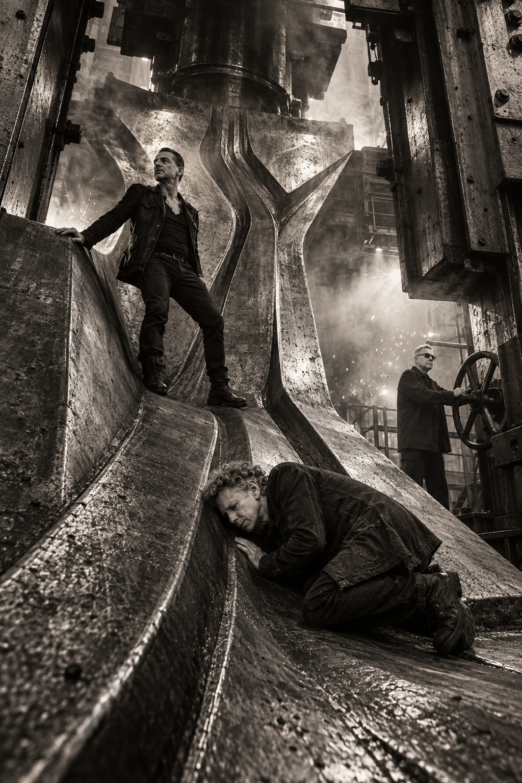 Depeche Mode inside a colossal weathered metal press