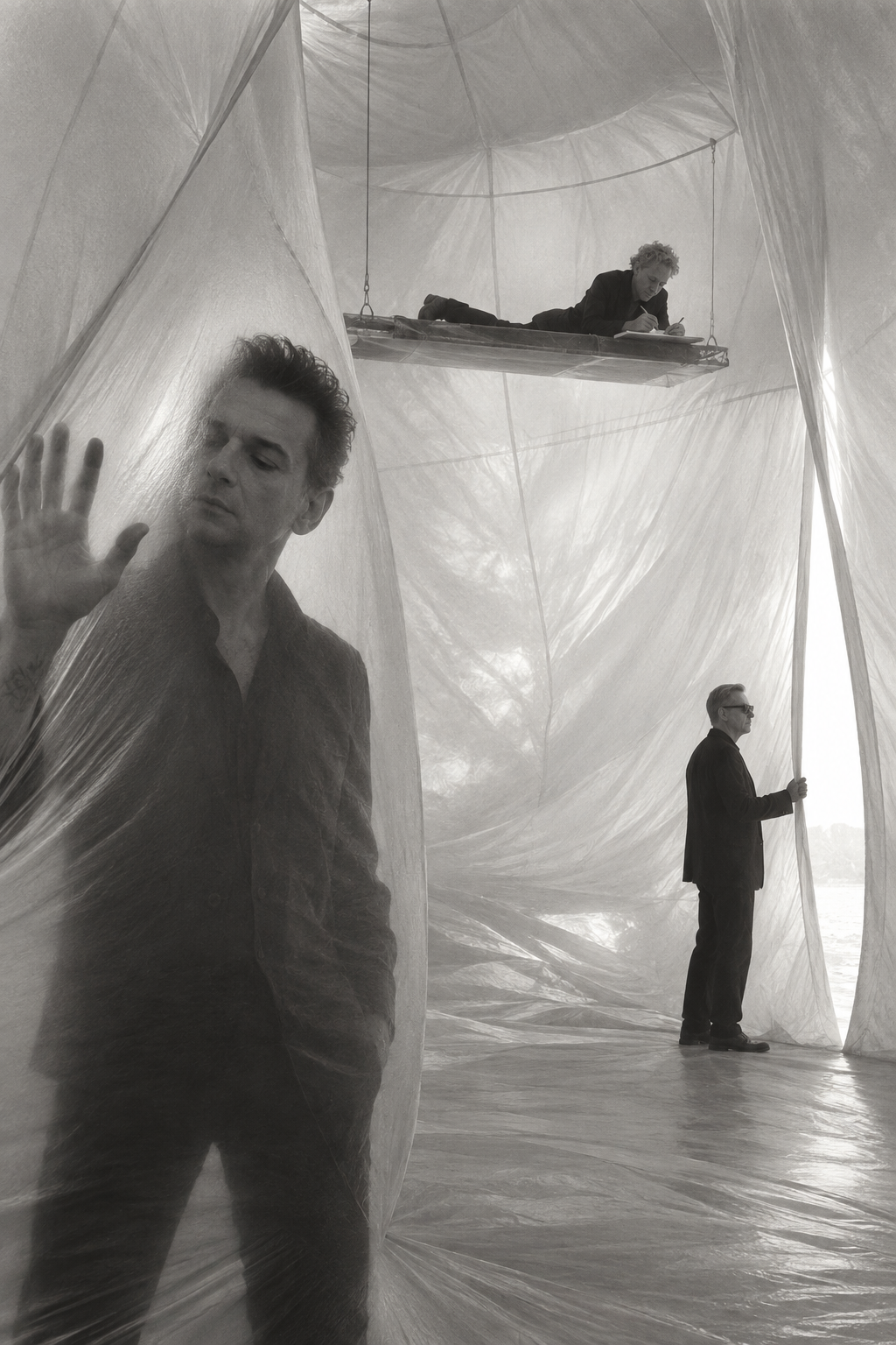 Depeche Mode separated by translucent fabric in a luminous room