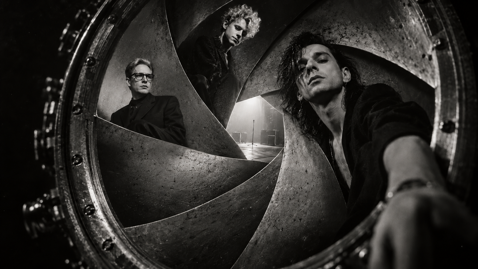 Depeche Mode assembled across the blades of an impossible camera aperture
