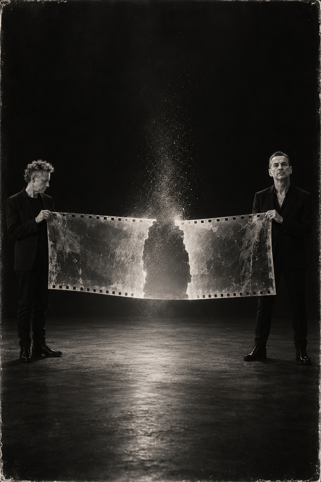 Dave Gahan and Martin Gore holding a photographic negative shaped by an absent third figure