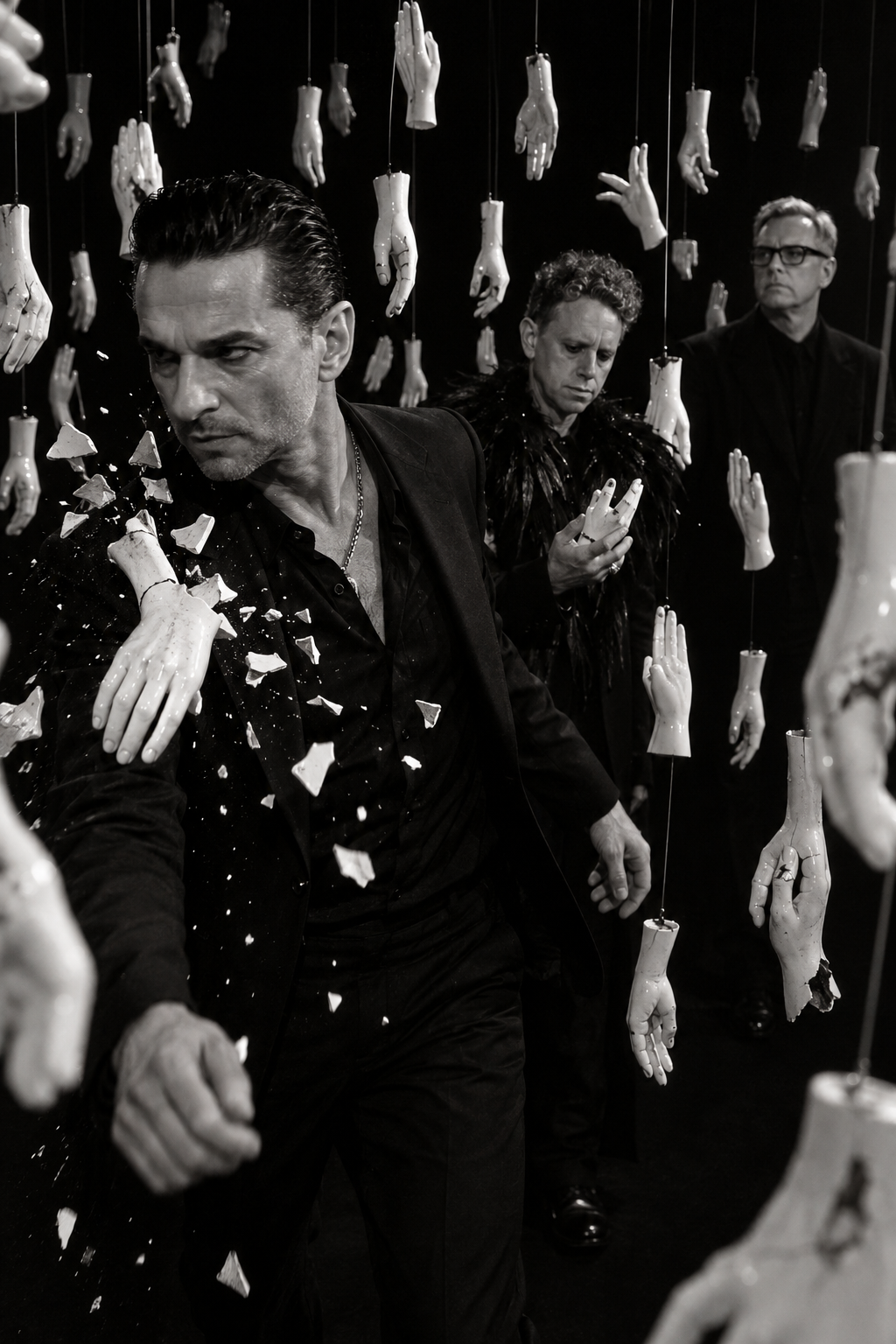 Depeche Mode surrounded by suspended porcelain hands