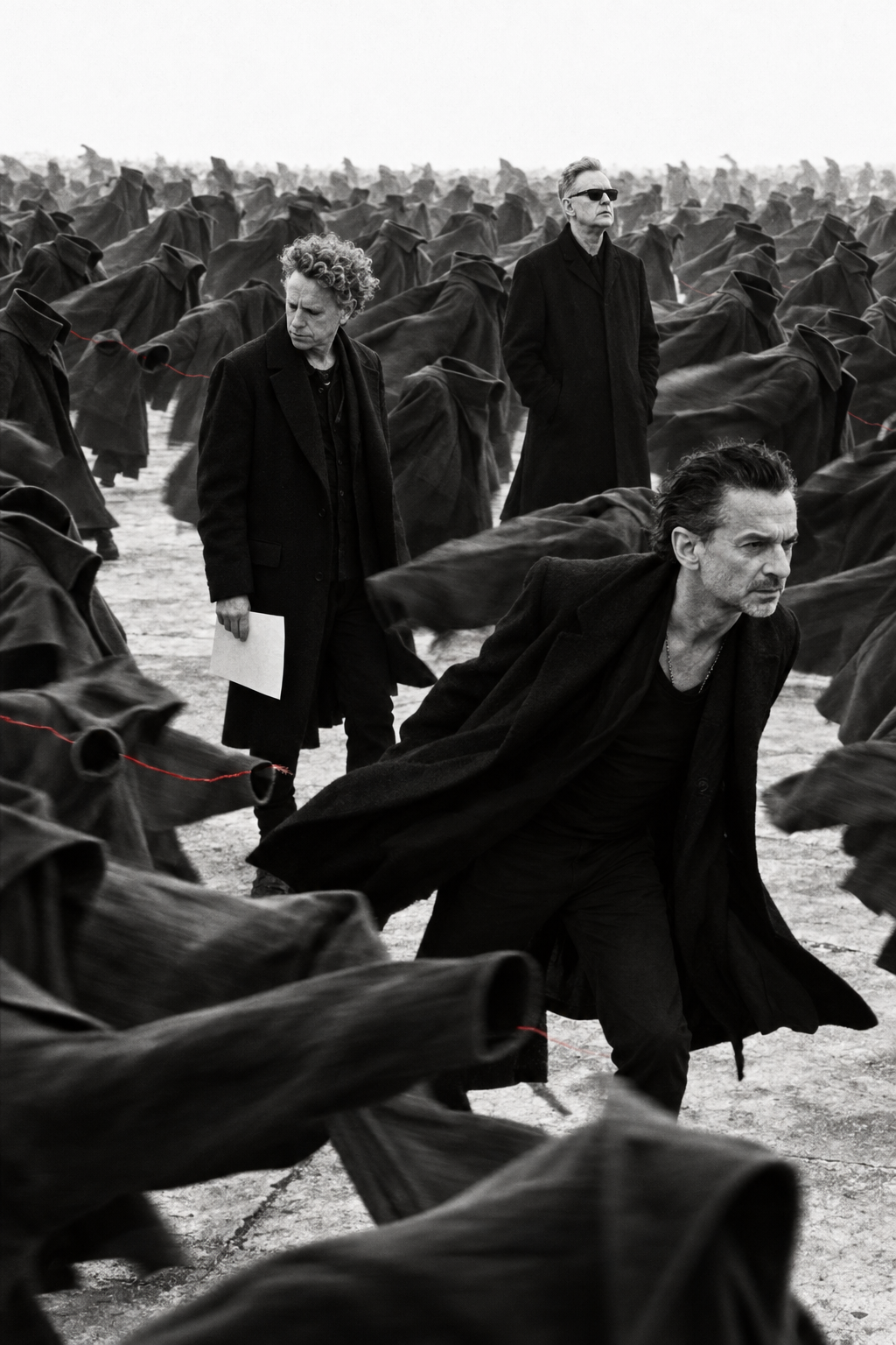 Dave Gahan and Martin Gore moving against a crowd of empty black coats