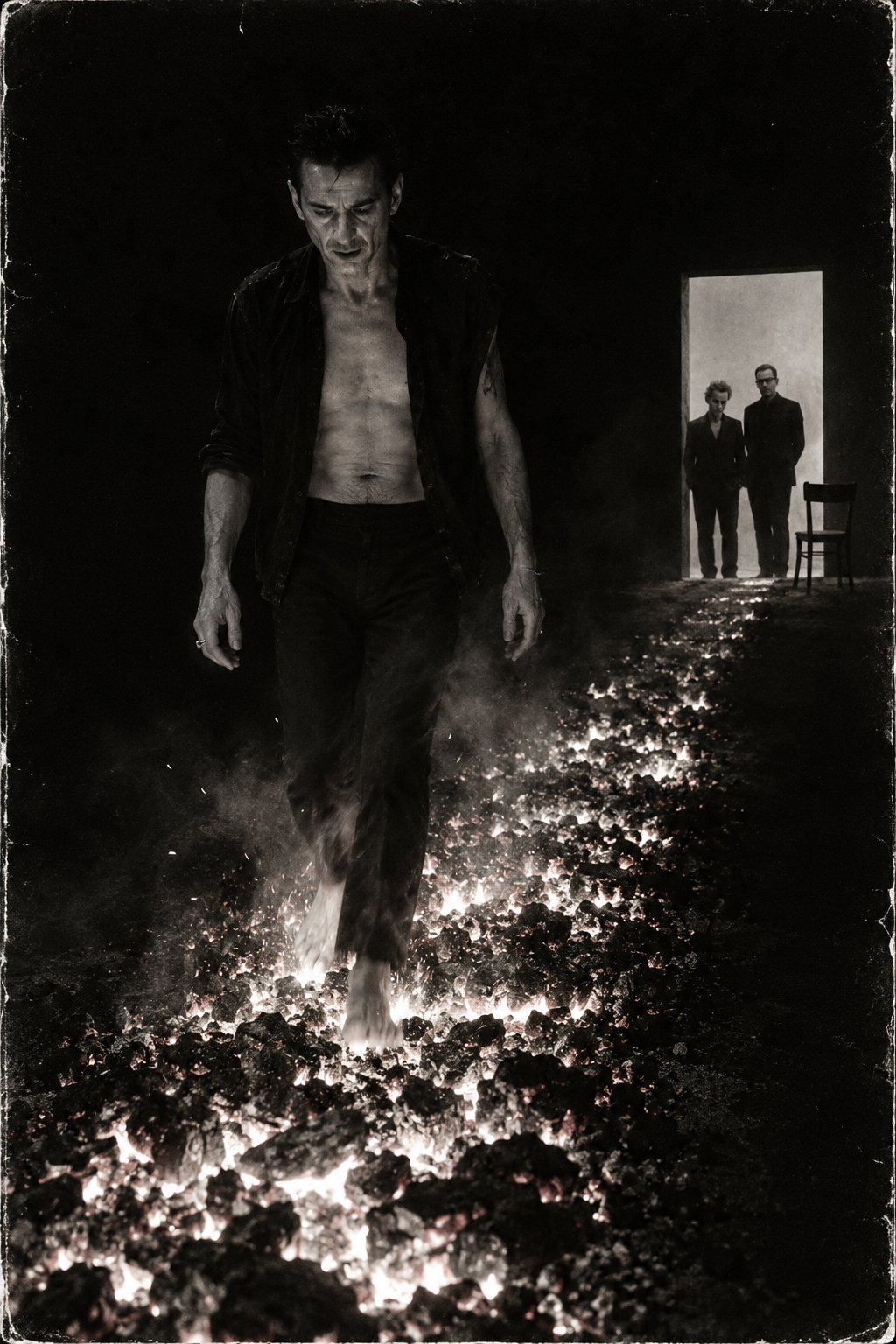 Dave Gahan walking barefoot over dying coals toward Martin Gore and Andy Fletcher